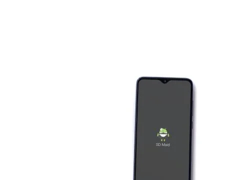 SD Maid app launch screen with logo on the display of a black mobile smartpho Stock Photos