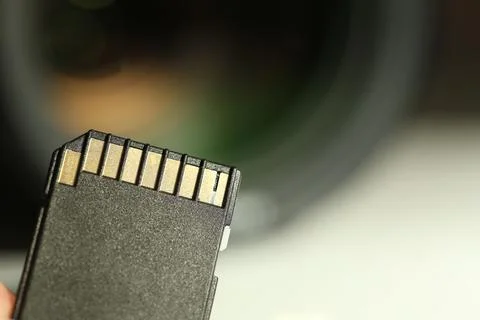 SD memory card on blurred background, closeup. Space for text Stock Photos