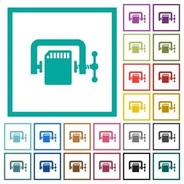 SD memory card compress solid flat color icons with quadrant frames Stock Illustration