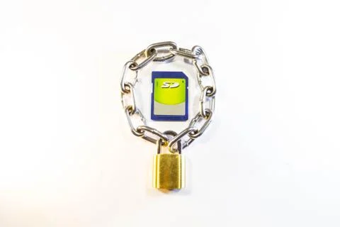 Sd memory card protected by a lock with a chain Stock Photos