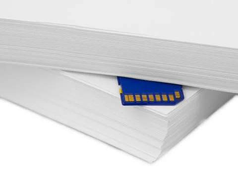 Sd memory card with a stack of printer paper. hardcopy backup or go paperless Stock Illustration