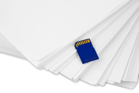 Sd memory card with a stack of printer paper. hardcopy backup or go paperless Stock Illustration