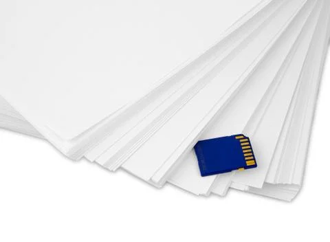Sd memory card with a stack of printer paper. hardcopy backup or go paperless Stock Illustration