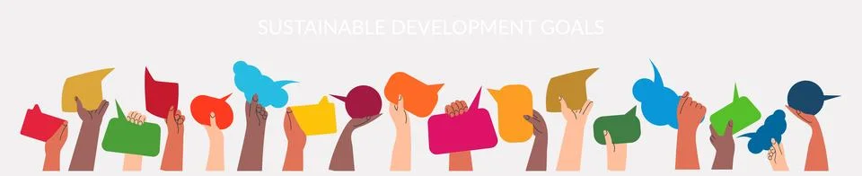 SDGs 17 development goals environment. People's hands exchange ideas and holding Stock Illustration
