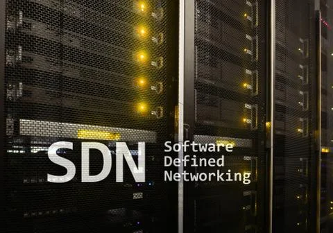 SDN, Software defined networking concept on modern server room background. 스톡 일러스트