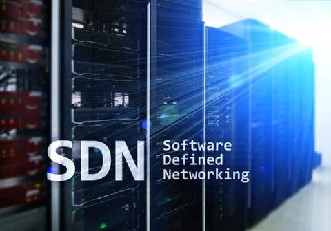 SDN, Software defined networking concept on modern server room background. Stockillustratie