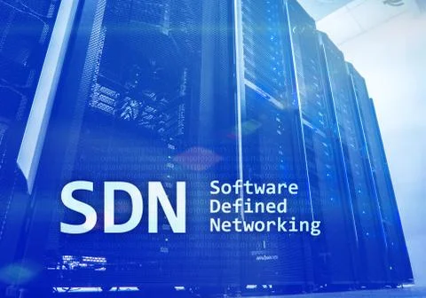 SDN, Software defined networking concept on modern server room background. Stock Illustration
