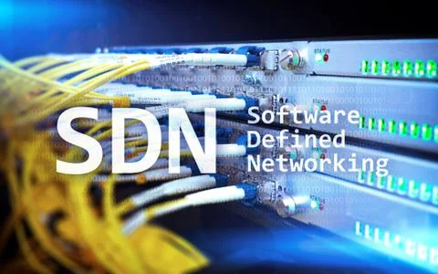SDN, Software defined networking concept on modern server room background. Stockillustratie