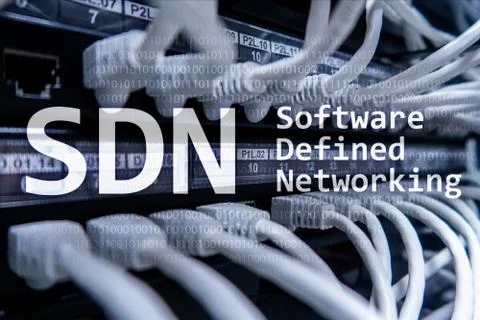 SDN, Software defined networking concept on modern server room background. Stock Illustration