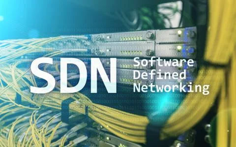 SDN, Software defined networking concept on modern server room background. Stock Illustration