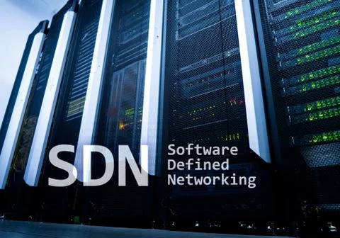 SDN, Software defined networking concept on modern server room background. Stock Illustration