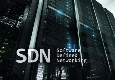 SDN, Software defined networking concept on modern server room background. Stockillustratie
