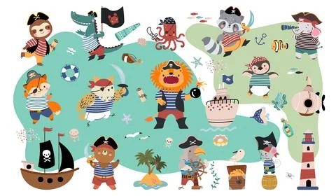 Sea adventures elements, pirate collection. Sailor robber, boats ships and Stock Illustration