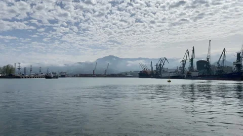 The sea against a background of mountains, clouds, port, ships Stock Footage 189647530