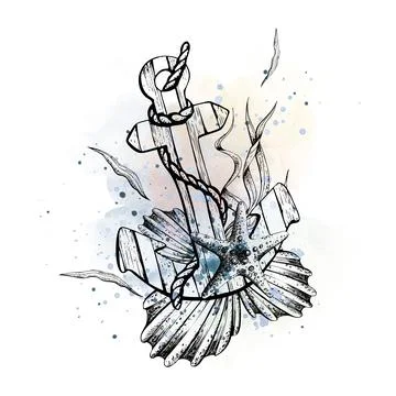 Sea anchor with shells and algae, graphics against the background of watercolor Stock Illustration