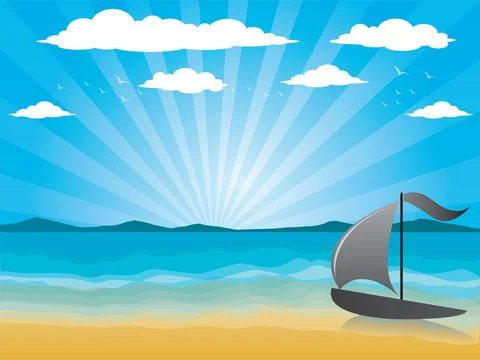 Sea and clouds, bird in the sky vector illustration Stock Illustration
