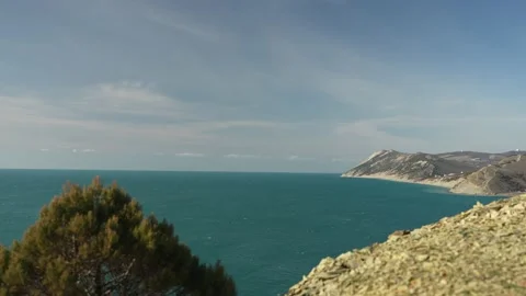 Sea and mountain views through juniper trees Видео 236837643