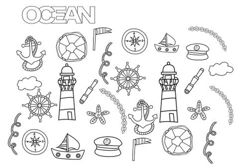 Sea and nautical elements set. Coloring book page template. Outline doodle Stock Illustration