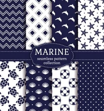 Sea and nautical seamless patterns set. Stock Illustration
