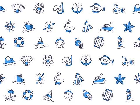 Sea and ocean pattern. Summer vacation. Water wave and sailing icons. Helm bl Illustrazione stock