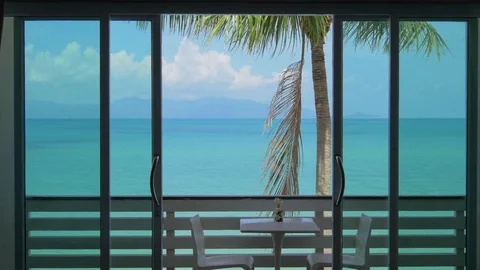 Sea and palm tree view from hotel room Stock Footage 73687438