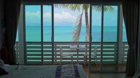 Sea and palm tree view from hotel room Stock Footage 73687447