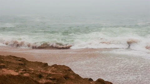 Sea and sandy beach in dense fog, autumn day Stock Footage 120683280