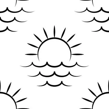 Sea and sun. Pattern. Seamless vector illustration. Art Line. Flat. Stock Illustration
