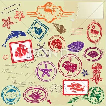 Sea and tropical elements - rubber stamps collection Stock Illustration