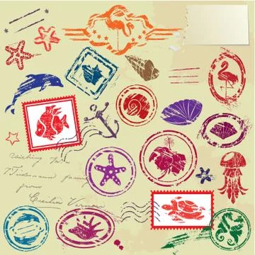 Sea and tropical elements - rubber stamps collection Stock Illustration