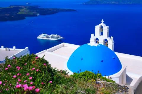 Sea and white and blue church, Santorini, Greece Stock Photos