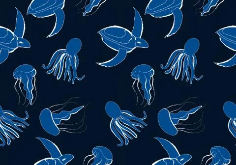 Sea animal seamless pattern background, blue tone image Stock Illustration