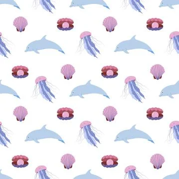 Sea animal seamless pattern with jellyfish, dolphin and seashell. Undersea world Illustrazione stock