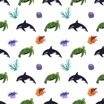 Sea animal seamless pattern with killer whale, turtle, corals and sea anemone Stock Illustration