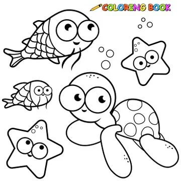 Sea animals collection. Vector black and white coloring page. Stock Illustration