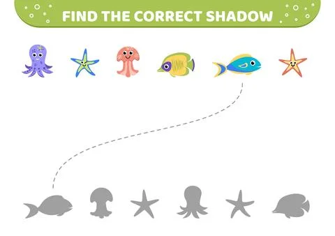 Sea animals. Find the correct shadow. Shadow matching game. Cute sea animal Stock Illustration