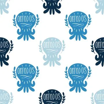 Sea animals octopus marine seamless pattern text lettering. Ocean shape design Stock Illustration