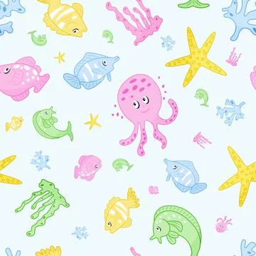 Sea ​​animals seamless pattern banner on blue background Illustrazione stock
