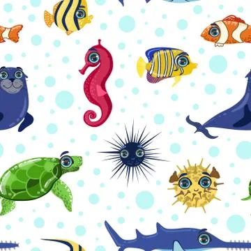 Sea Animals Seamless Pattern, Colorful Underwater Marine Creatures, Design Stock Illustration