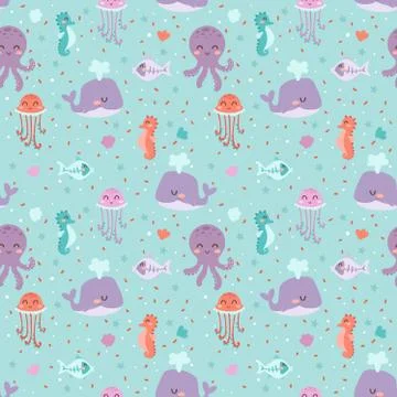 Sea animals seamless pattern fish corals starfish shells jellyfish aquarium Stock Illustration