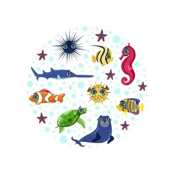 Sea Animals Seamless Pattern of Round Shape, Colorful Underwater Marine Stock Illustration