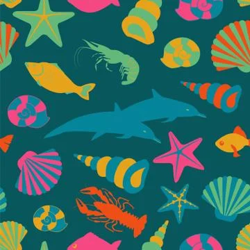 Sea animals seamless pattern. Vector flat style Illustrazione stock