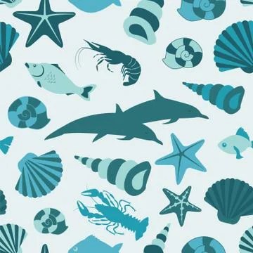 Sea animals seamless pattern. Vector flat style Illustrazione stock