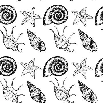 Sea Animals Sketched Seamless Pattern. Marine Life Creatures Hand drawn surface Illustrazione stock