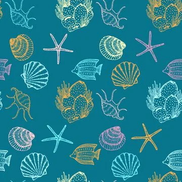 Sea Animals Sketched Seamless Pattern. Marine Life Creatures Hand drawn surface Stock Illustration