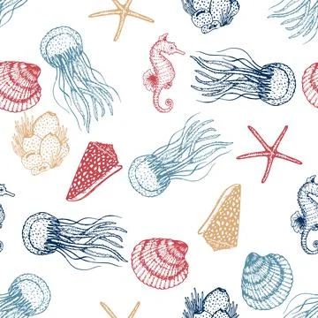 Sea Animals Sketched Seamless Pattern. Marine Life Creatures Hand drawn surface Stock Illustration