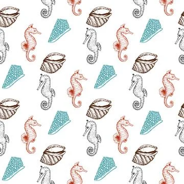 Sea Animals Sketched Seamless Pattern. Marine Life Creatures Hand drawn surface Stock Illustration