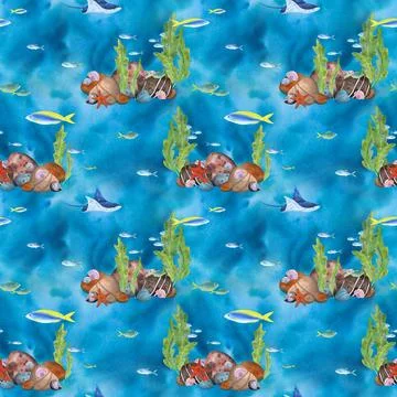 Sea animals, stingray, fish, algae, stone seabed on a blue-turquoise background Stock Illustration