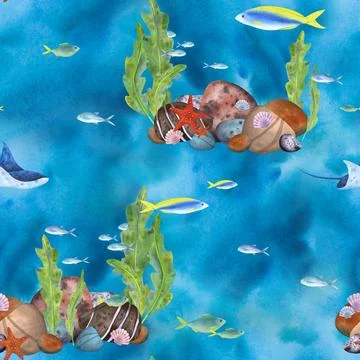 Sea animals, stingray, fish, algae, stone seabed on a blue-turquoise background Stock Illustration