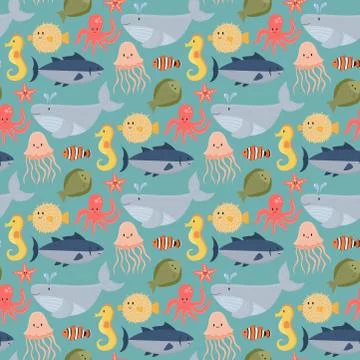 Sea animals vector creatures characters cartoon ocean wildlife marine underwater Illustrazione stock